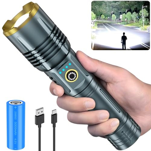 inverkey Torcia Led Potente Professionale 520000 Lumen, Torcia Led Ricaricabile Usb-C Torcia XHP70, IPX7 Impermeabile 5 Modalità Di Luce, Torcia Potente Per Emergenza Campeggio All'Aperto