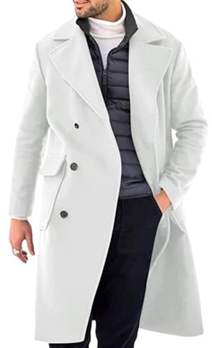 Oanviso Chaquetas de Lana Hombre Casual Larga Abrigo de Lana Slim Fit Trench Coat Otoño e Invierno Chaquetas Vintage Abrigo Largos Down Jacket Con Botones A Blanco 3XL