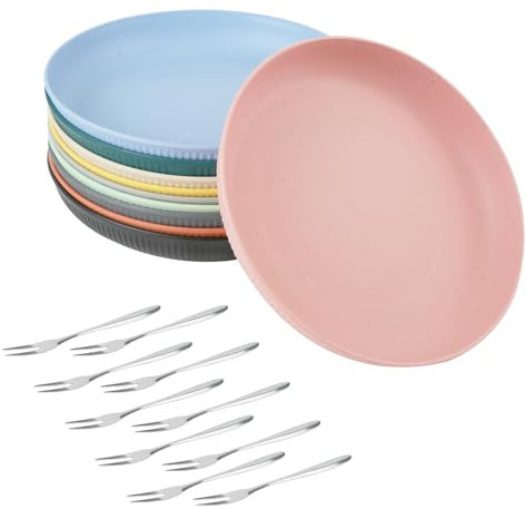 10 Piezas Platos Plastico Duro Reutilizables, Vajillas Platos Melamina con Tenedores de Fruta, Platos Picnic Hondo Platos de Camping para Jardines Exteriores Hogar, Apto para Microondas y Lavavajillas