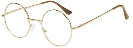 JoXiGo läsglasögon män kvinnor rund retro nördglasögon metallram klar lins glasögonband, Guld, 130 mm