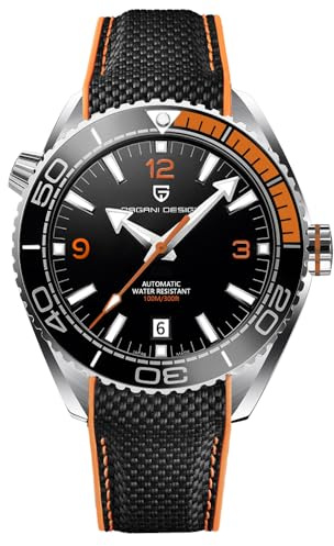 Montre Homme Pagani Design Montre Mécanique Automatique Lunette en Céramique Acier Inoxydable 100m Étanche Plongée Bracelet Sport Date Lumineuse Montre De Luxe (Bracelet Noir Orange)