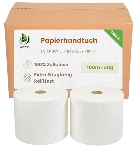 ECO - PRO PAP - Asciugamano di carta lungo 100 metri, tovagliolo di carta 100% cellulosa, extra assorbente e resistente agli strappi, nucleo di carta, per cucina e bagno - 100 m (confezione da 2 pezzi