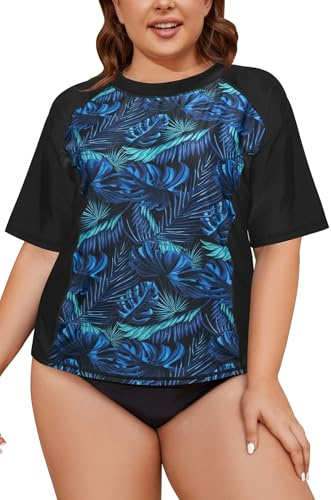 SHEKINI Womens Short Sleeve Rash Guard Tops Sun Protection Beach Swim Shirts for Women Quick Dry Lightweight Printed Swimming Tops Plus Size, Leaf, XXXX-L, Black