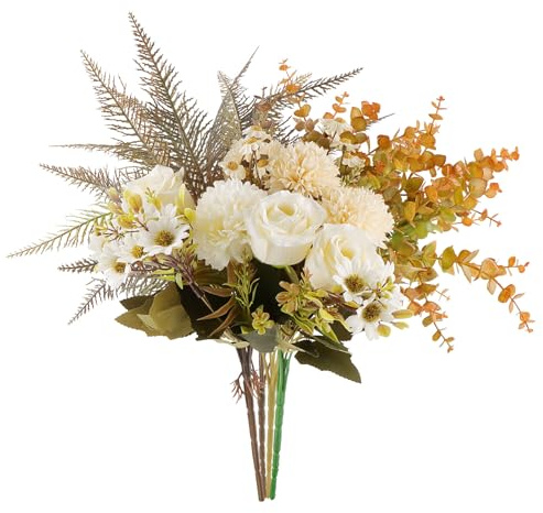 DXLing Flores Artificiales Realistas Decoración Plantas Artificiales Pequeñas Hortensias Rosas Margaritas Ramos de Seda Falsa para Boda Fiesta Decoración de Mesa (Blanco)