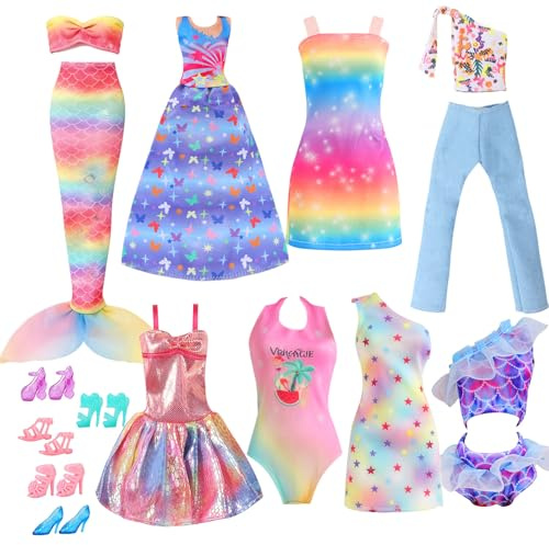 16 piezas de ropa y zapatos de muñeca compatibles con muñeca Barbie de 11.5 pulgadas, incluye 1 vestido de sirena, 2 tops de tiras, 2 vestidos, 1 pantalón, 4 juegos de trajes de baño, 5 zapatos