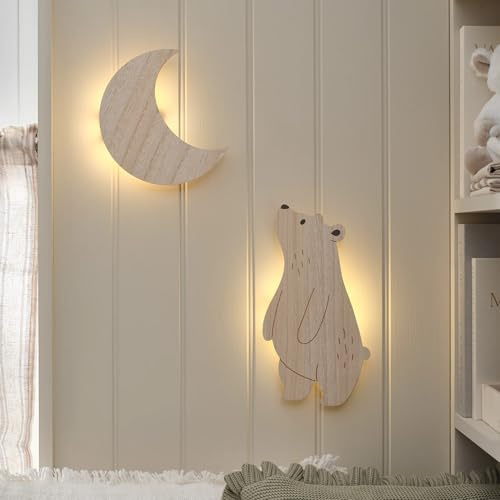 Lights4fun Set vägglampor måne och björn | varma vita lysdioder | batteridriven, fjärrkontroll och timer | barnrum, sovrum, vägglampa | dekoration, väggdekoration, nattlampa, nattlampa