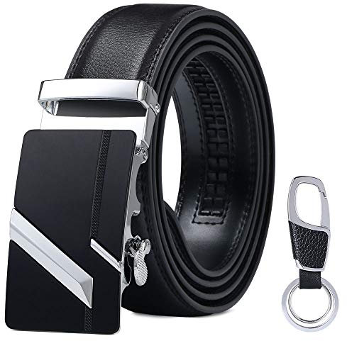flintronic Herren Gürtel,Hochwertiges Leder material Ratsche Automatik Gürtel für Männer Ledergürtel Breite 3.5cm Länge 139CM-Schwarz (inkl Schlüsselbund & Geschenkbox)