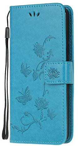 Thoankj Samsung Galaxy A51 Case, Shockproof Flip PU Leather Slim Fit Wallet Phone Case Lotus Butterfly with Stand Card Slot Holder Gel Bumper Folio Protective Cover for Samsung Galaxy A51 Blue