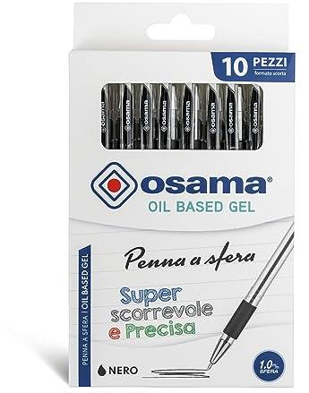 Osama - Stylo Bille avec Encre OBG, Set 10 Unités, Pointe Fine 1 mm à Capuchon - Stylos pour Papeterie et Fourniture Scolaire, Bureau et Université - Stylo Gel avec Trait Fluide et Précis, Noir