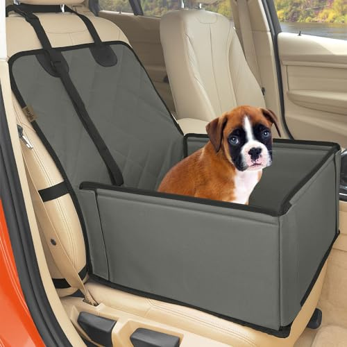 Seggiolino auto per cani extra stabile, di alta qualità, per cani di piccola e media taglia, pareti rinforzate e 3 cinghie – Seggiolino impermeabile per sedile posteriore e anteriore (grigio-nero)