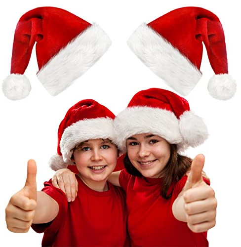 kortes 2 Pack Plush Kids Santa Hat, Unisex Christmas Hats Classic Velvet Fabric Comfort Double Line Plush Santa Hat for Kids Children Toddler New Year Party Supplies (Red-2Pack)