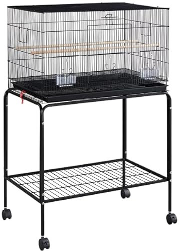 Abician Cage à Oiseaux sur Pied avec roulettes, Porte en Sécurité, Plateau Coulissant, Petits Oiseaux, Perroquets Perruches Conures Pinsons, 78,5 x 49 x 118,5 cm Noir