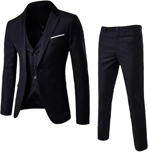 Herr 3-delad kostym smal passform bröllop formell middag kostym, Svart, 3XL