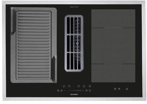 Oranier Flächen-Induktionskochfeld 80 cm KFA590 - großes Kochfeld mit Abluft-Umluft Kochfeldabzug & gerillter Grillplatte & Edelstahl Kochfeldrahmen