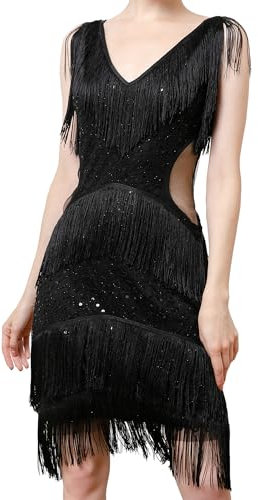 MUNAFIE Costume anni '20, da donna, con frange, con brillantini, da donna, anni '20, Gatsby Charleston, Nero , S