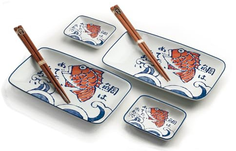 Japon Set d'assiettes à sushi pour chat et koi | Service de vaisselle à sushi 6 pièces pour 2 personnes | Assiettes à sushi, bols et baguettes dans différents designs d'animaux asiatiques – Fabriqué
