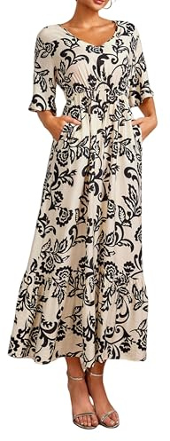 Women Elbow 3/4 Sleeve V Neck Empire Waist White and Black Vintage Scroll Floral Print V Neck Royal Viscose Lightweight Loose Fit Maxi Long Large Dress with Pockets for Seniors Summer Casual Brunch