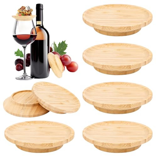 AKONE Adornos para copas de vino de madera, 6 unidades, 10 cm, redondos, de madera, para aperitivos, copas de vino, decoración para postres, bebidas, cenas familiares, accesorios para fiestas