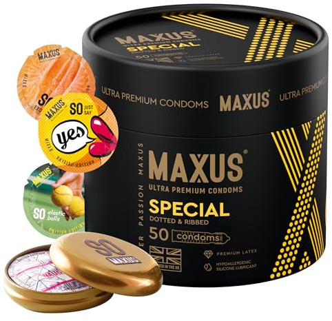 MAXUS Special, 50 Dotted & Ribbed Lubricated Condoms for Men, Regular Fit, Natural Latex, Easy-On Shape, Premium Quality, Includes Stylish Metal Case, Pack of 50
