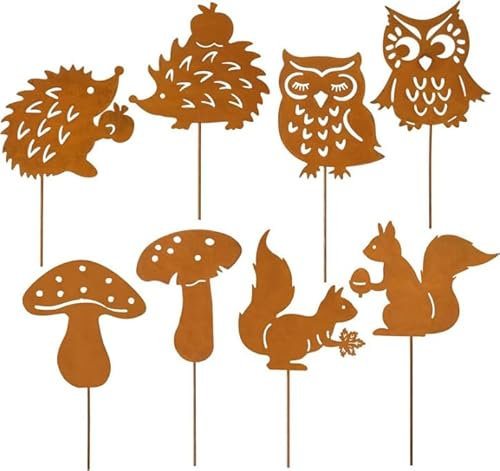 Nilioyul Lot de 8 piquets de jardin rouillés pour décoration d'automne en extérieur - Oiseau rouille - Décoration de jardin avec écureuil, hérisson, chouette, champignons, des deux côtés - En métal