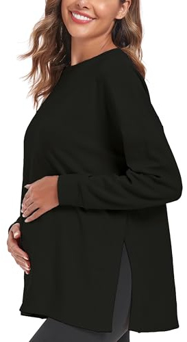 Love2Mi Women’s Maternity Tops Long Sleeve Loose Fit Maternity T-Shirt Split Side Breastfeeding Top Maternity Clothing Black