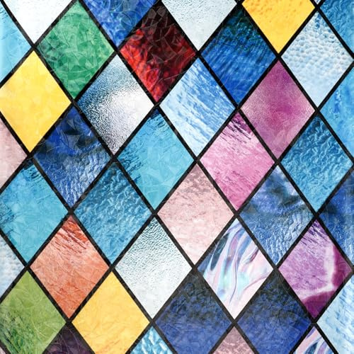 Stained Glass Window Film,3D Rainbow Window Film,Decorative Sun Blocking Glass Clings Stickers,Privacy Self Adhesive No Glue,Static Cling Lattice Coverings Decals For Home Door,45x200cm