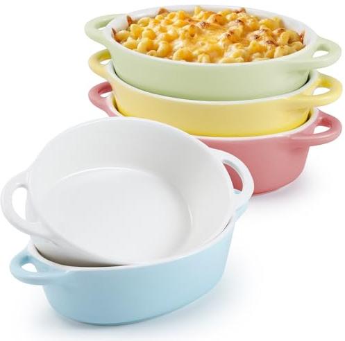 IJRPLM 5 Pack Oval Porcelain Ramekins, 10 oz Oven Safe Mini Casserole Baking Dishes, Individual Porcelain Souffle Bowls with Handles, Small Gratin and Dessert Ramekins, 5 Colors
