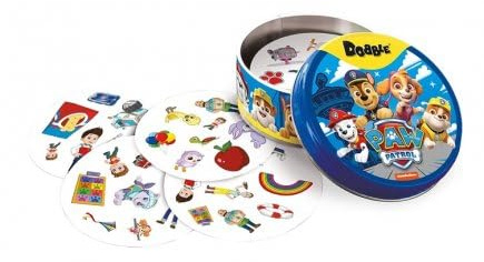 pour dobble 55 Cartes Illustrees pour Pat Patrouille Fan - Boite Metal 5 Jeux en 1 - Observation, rapidite - Set Jeu Societe Enfant et Carte