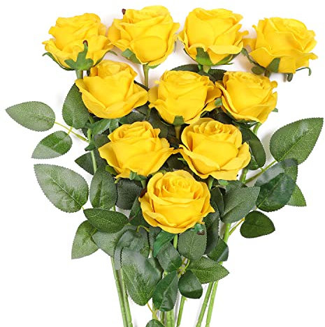 JUSTOYOU 10 PCS Yellow Rose Artificial Silk Flowers Realistic Bouquet,Single Long Stem Fake Roses for Home Table Office Party Wedding Garden Arrangements(10 PCS，Yellow)