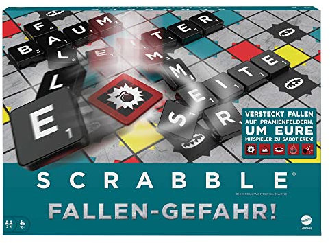 Mattel Games HLM17 - Scrabble Fallen-Gefahr (deutsche Version), Kreuzworträtsel-Brettspiel, Familien-Spiel für Erwachsene und Kinder ab 10 Jahren
