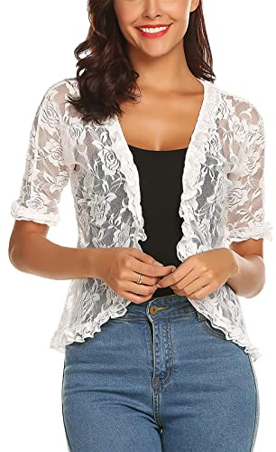FeMereina Women's Half Sleeve Shrugs Bolero Crochet Floral Lace Open Front CroppedCardigan Sheer Cover Up Jacket (White, X-Large)