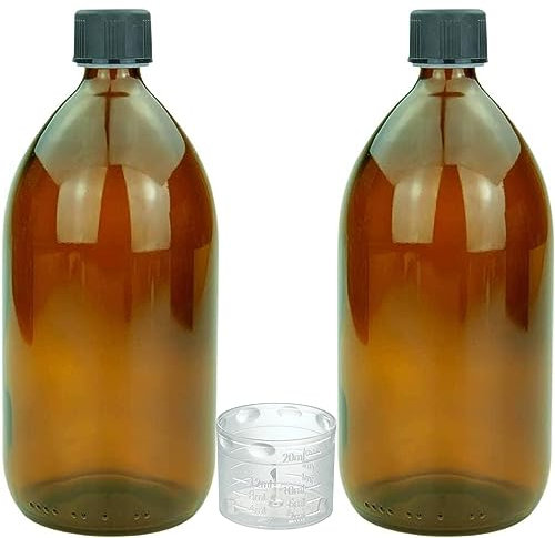 Devitre 2 braune Glasflaschen 1000 ml mit Deckel Messbecher und 2 Etiketten