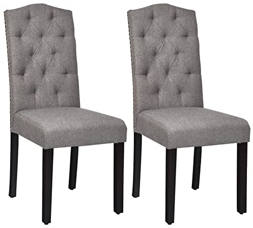 GORELAX Fabric Dining Chairs Set of 2, Modern Upholstered Dining Chair w/Solid Wood Leg, Adjustable Foot Pad, Tufted Kitchen Chairs for Farmhouse, Restaurant (Set of 2, Grey)