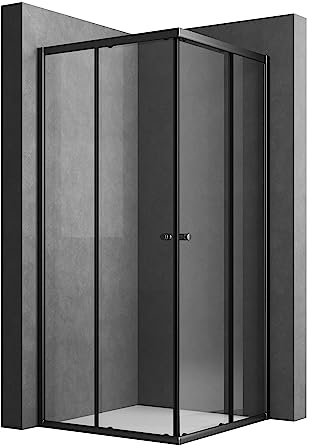Duschkabine 75x75cm Schiebetür, Schwarz Duschkabine Eckeinstieg mit Schiebetürn 6mm ESG Sicherheitsglas Duschschiebetür Duschabtrennung Duschwand Höhe 185cm