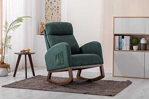 Hdxdkog Rocking Chair Nursery, Mid Century Modern Upholstered Fabric Nursery Rocking Chairs, Accent Rocker Armchair with High Back and Side Pocket for Living Room Baby Room Bedroom (Emerald)
