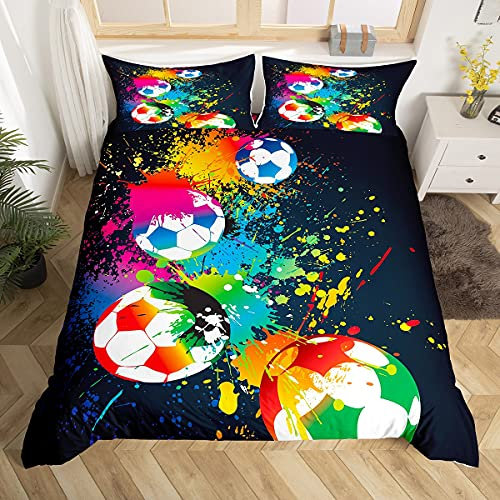 Colourful football bed linen boys sports duvet cover set tie dye girls colour spectacle football bed linen 135 x 200 cm children teenagers bedroom decor football pattern bedding set with zip