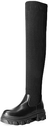 DREAM PAIRS Women's Over The Knee Platform Thigh High Boots Long Stretch Soft Chunky Lug Sole Fall Boots,Size 7.5,Black,SDOB222W-1