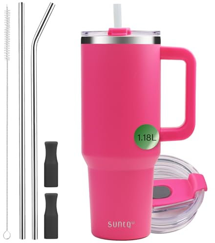 SUNTQ 1180 ml/40 oz tumbler med handtag, dubbelväggig vakuumisolerad vattenflaska med sugrör och lock, resekaffemugg i rostfritt stål, termisk kopp för drycker, passar i mugghållare (rubinröd)