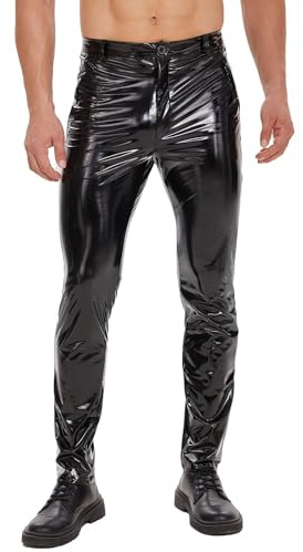 xokesy Mens Shiny Leather Pants, Sexy Zipper Open Crotch, Wetlook, Glossy Casual Trousers, Black