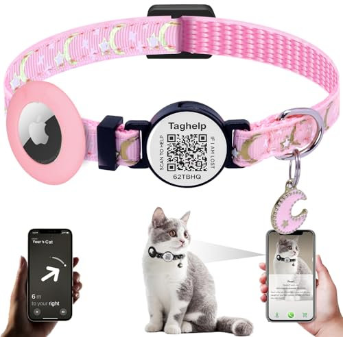 Stars and Moon AirTag Collar with AirTag Holder & Bell,Air Tag Cat Collar for Apple. Solid & Safe, Pet Collar, Breakaway Cat Collar,Smart QR Code Cat ID Tags - Pet Online Profile(Pink)