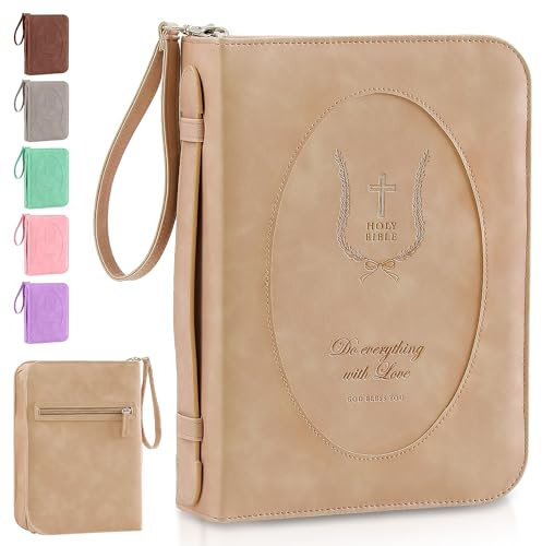 ADDFIT HOUSE Leder Bibel Cover Hülle für Frauen - Große Buchhülle mit Griff und Taschen, Floral Book Cover, Bibelschutz für Studium oder Kirche, christliches Geschenk für Mädchen und Frauen