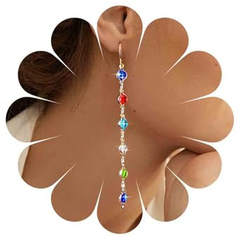 Xmsrn Vintage Bunte Kristall Kette Baumeln Ohrringe Lange Cz Linearen Baumeln Ohrringe Saphir Kristall Strass Tropfen Ohrringe Lange Bunte Cz Strass Kette Ohrringe Für Frauen