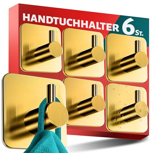 Menz ganchos adhesivos para pared inox, 6 piezas - toalleros de baño sin taladro - colgadores autoadhesivos resistentes, percha para albornoz ropa paño de cocina, Dorado