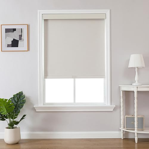 Joydeco 100% Blackout Roller Shades (Pro), Free-Stop Cordless Blinds for Windows, UV Protection, Natural Woven Blinds for Home and Office, Light-Proof Aluminum Cover (34 W x 75 H, Beige)