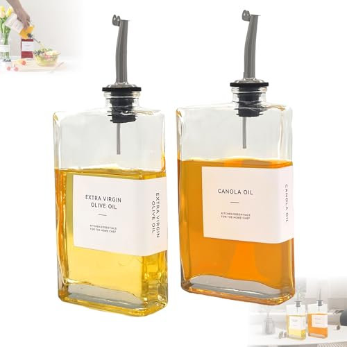Aceitera de Vidrio, 2 Piezas Vinagrera de Cristal de 350 Ml, Aceitera Antigoteo, Dispensador de Aceite y Vinagre con Vertidor, Etiquetado, a Prueba de Goteo, Apto para uso en Cocina (Plata)