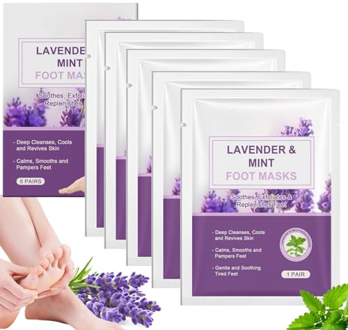 5 Pairs Lavender & Mint Foot Mask - Foot Moisturiser Socks Dry Feet - Cracked Heel Repair Care - Soothes,Exfoliates & Replenishes Feet - Foot Care for Women,Men,Teenager