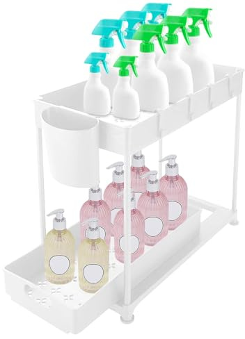 Organizer per lavello, organizer per cavi a 2 livelli sotto l'armadio con cestino scorrevole, cestino multifunzionale per bagno e cucina, organizer antiscivolo e