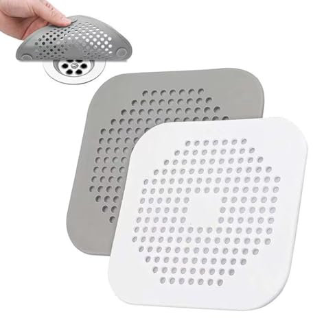 2 Pcs Silicone Drain Protector - Silicone Shower Drain with Sucker, Drain Cover Hair Stopper, Hair Catcher for Bathroom, Bathtub, Kitchen, Sink (White & Grey)