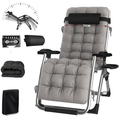 Chaise longue pliante avec dossier réglable, chaise longue de jardin, chaise longue de relaxation pour pause déjeuner avec dossier réglable, chaise longue de jardin extra large avec coussin, pour