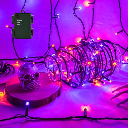 Isisyu Halloween Lichterkette Außen Batterie, 3M 30 LED Orange Lila Lichterkette Batteriebetrieben mit 6 Stunden Timer, IP65 Wasserdicht Halloween Deko für Spinnenetz, Spukhaus, Hof, Horror Party